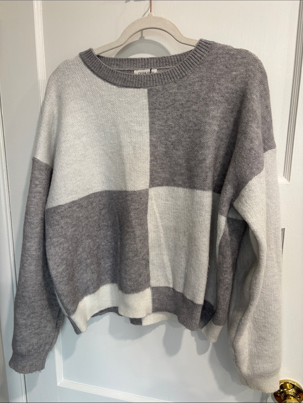 Gray Block-Check Crewneck Sweater - Soft Relaxed Fit